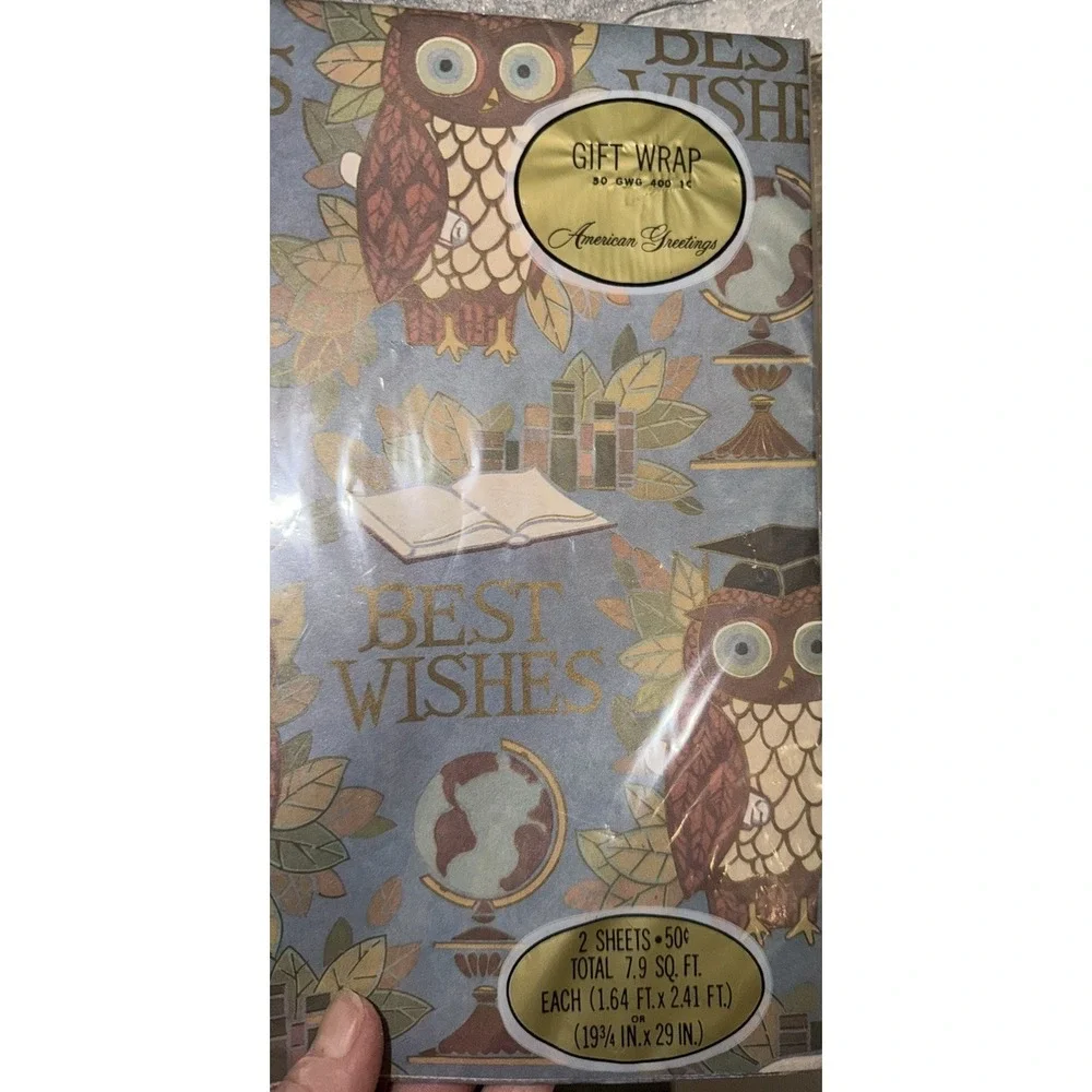 Vintage american greetings owl wrapping paper Best Wishes 2 sheets 7.9 sq. feet
